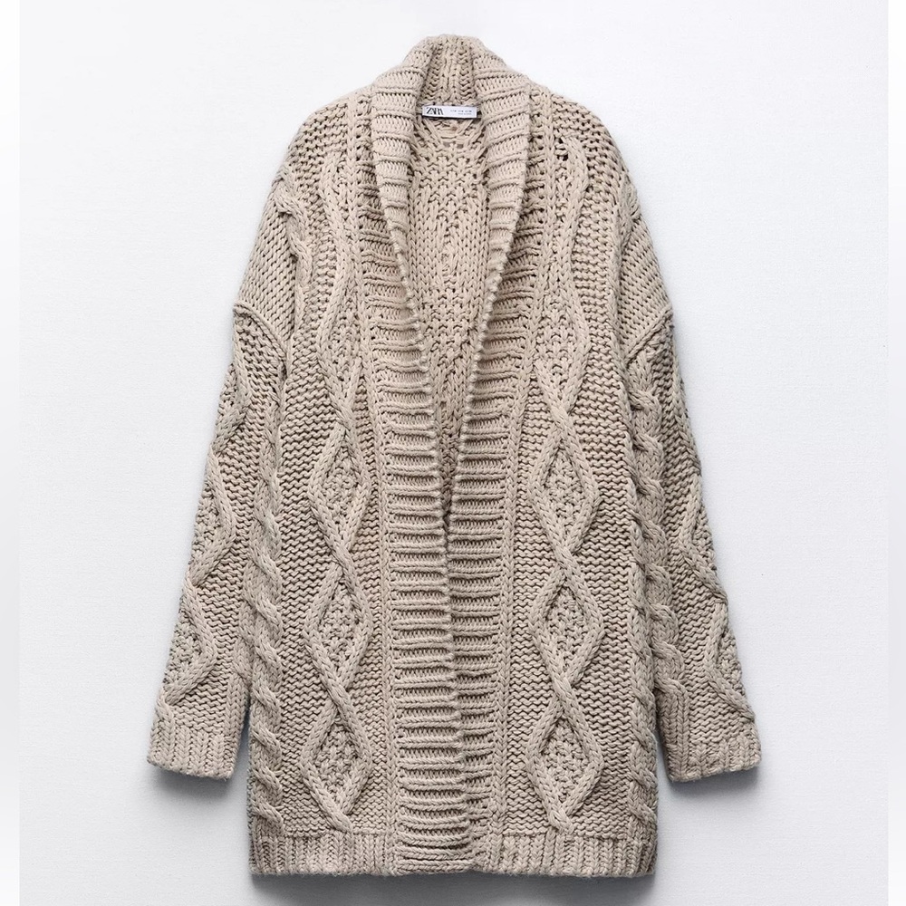Zara Chunky Cable Knit Cardigan in Beige